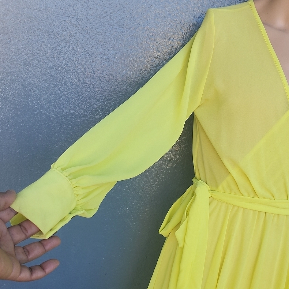 Vintage Bohemian Neon Elegant Long Sleeve Yellow Wrap Dress - Picture 6 of 11
